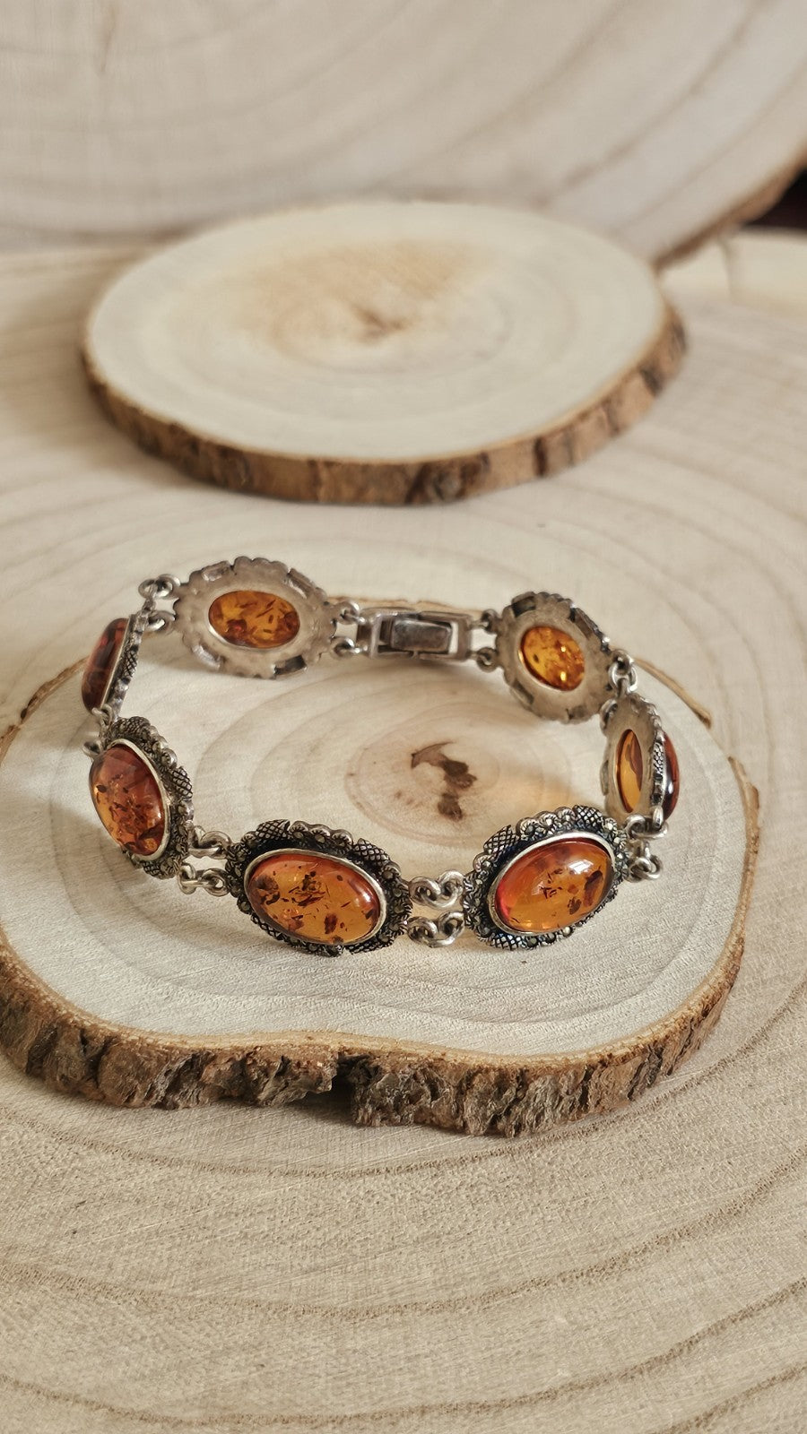 Vintage 925 Sterling Silver Amber Marcasite Bracelet 8" Hallmarked 22.38g