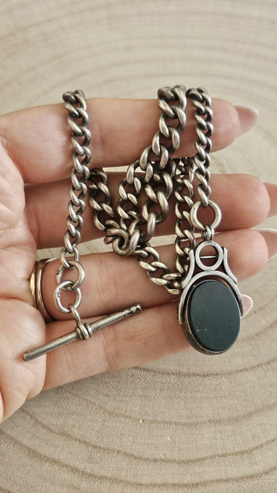 Antique 1901 Sterling Silver Graduated Albert Chain 1889 Carnelian BloodstoneFob