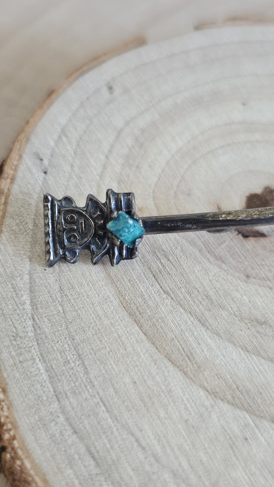 Vintage 900 Silver Spoon Brooch Turquoise Stone Figural Pin 3.28g 64mm