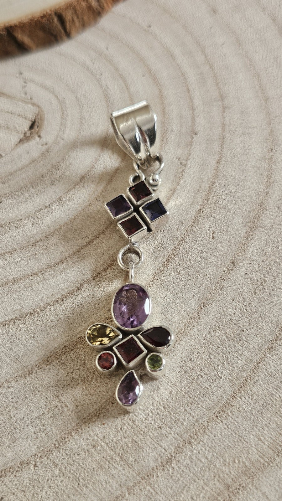 925 Sterling Silver Multi Gemstone Long Pendant Amethyst Garnet Iolite Citrine