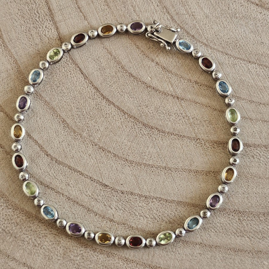 925 Sterling Silver Multi Gemstone Bracelet Garnet Amethyst Topaz 8inches