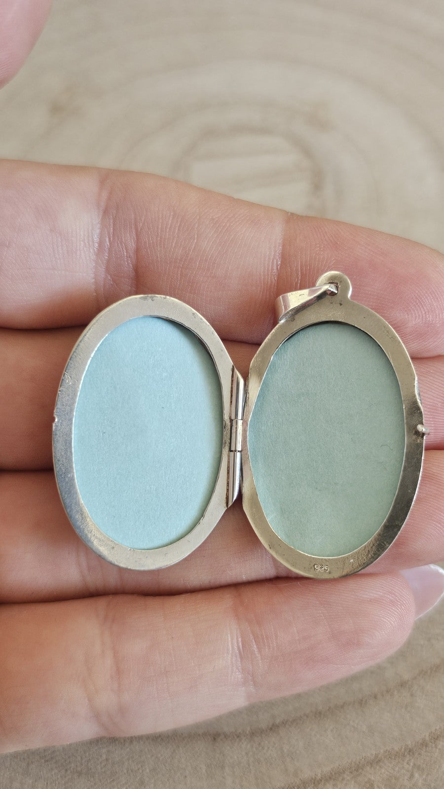 925 Sterling Silver Oval Photo Locket Pendant, Bezel Set Oval Blue Topaz Stone
