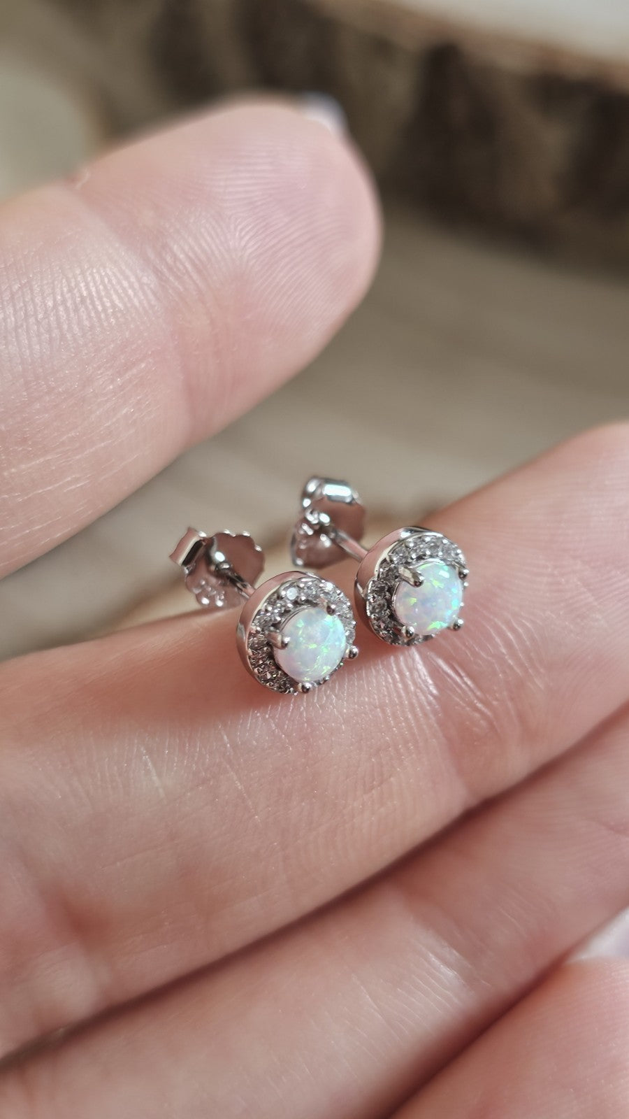 925 Sterling Silver White Opal CZ Halo Stud Earrings 6.6mm