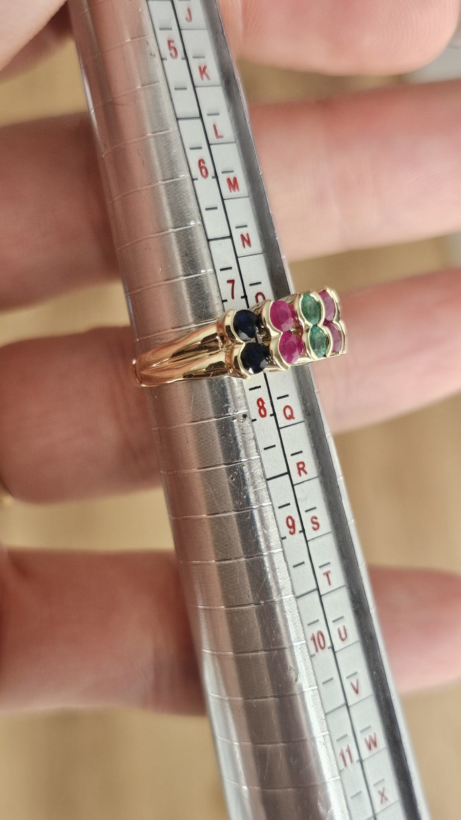 9ct Yellow Gold Natural Ruby Emerald Sapphire Multi Gem Ring Size O 1/2 3.07g
