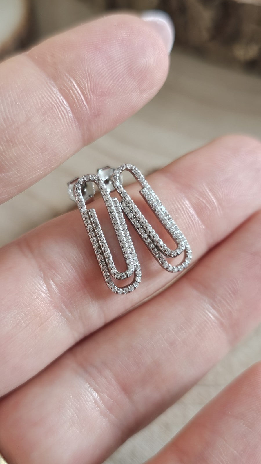 925 Sterling Silver CZ Paperclip Stud Earrings Sparkling Link Design