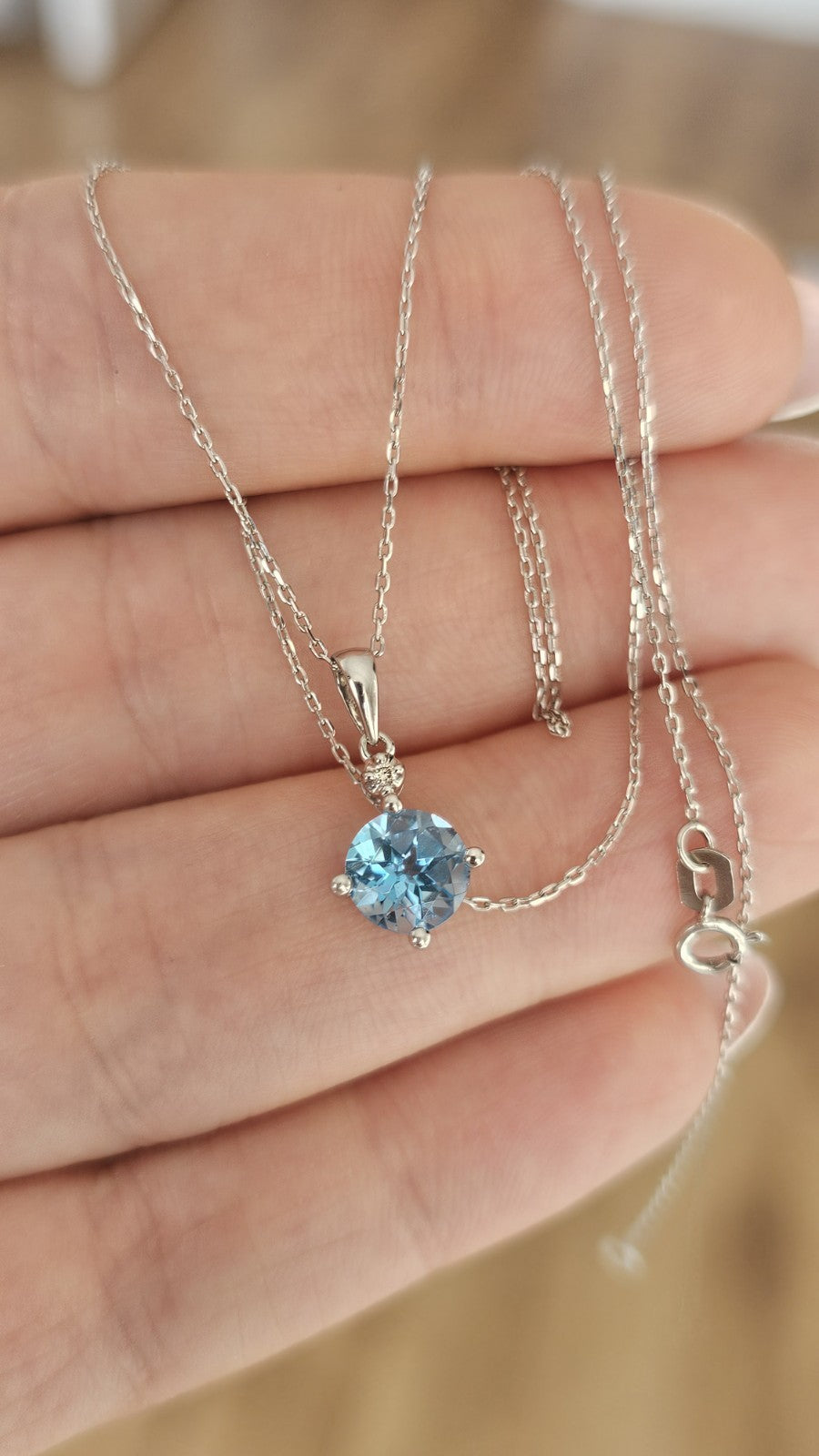 9ct White Gold Natural Blue Topaz & Diamond Pendant Necklace – 18 Inches