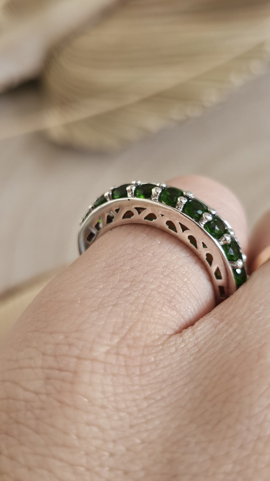 925 Sterling Silver Chrome Diopside Half Eternity Ring Size R 1/2 5g