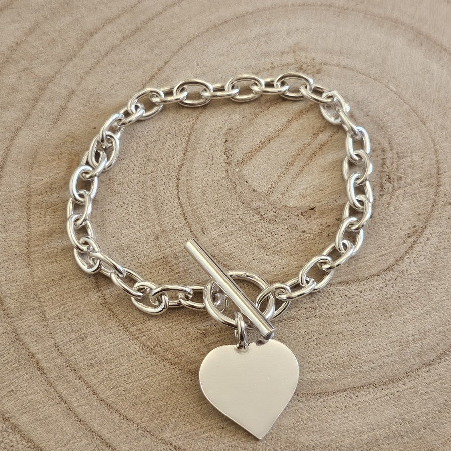 925 Sterling Silver Heart Charm Bracelet T-Bar Toggle 7.5" Hallmarked 15.58g