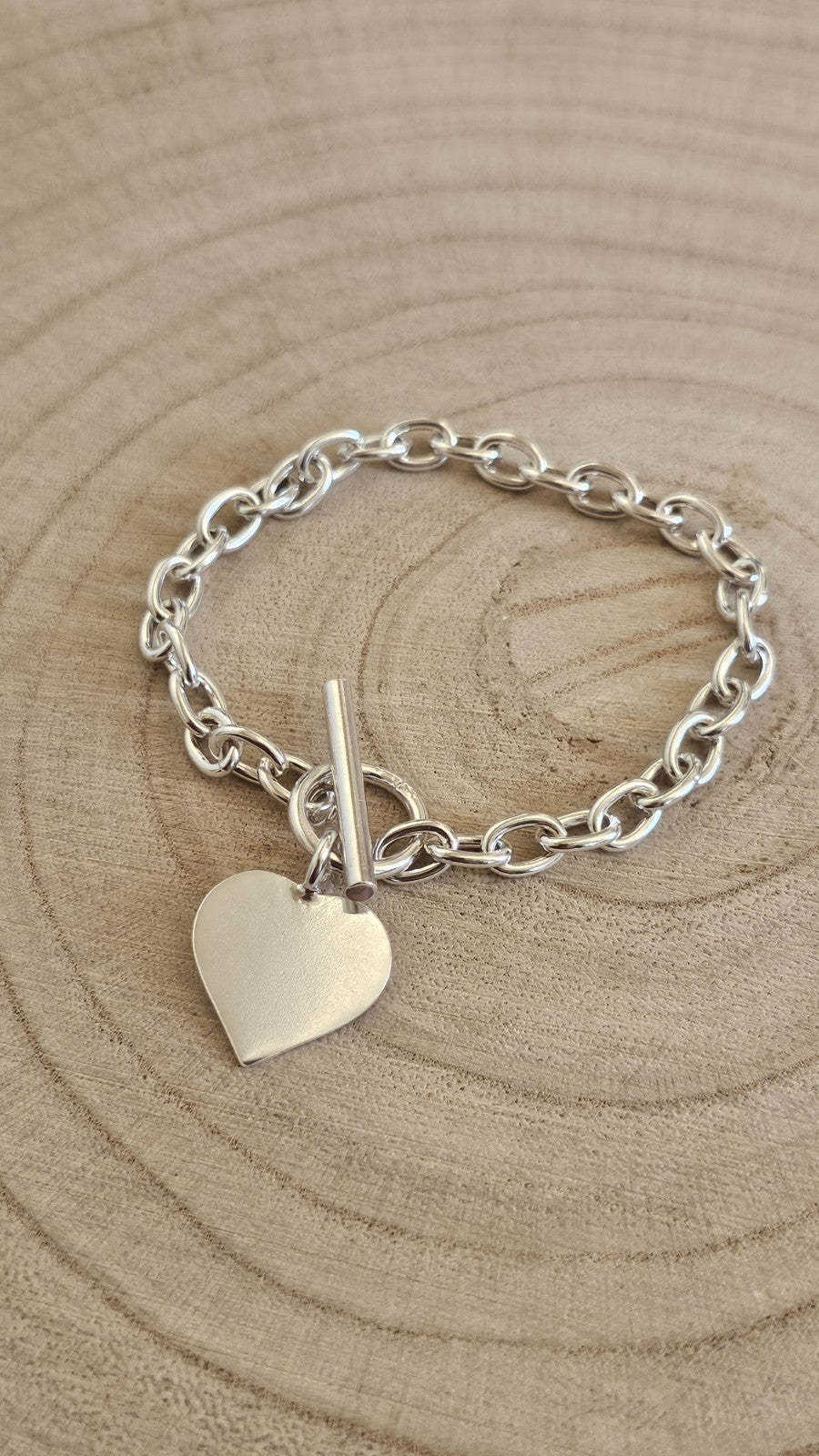 925 Sterling Silver Heart Charm Bracelet T-Bar Toggle 7.5" Hallmarked 15.58g
