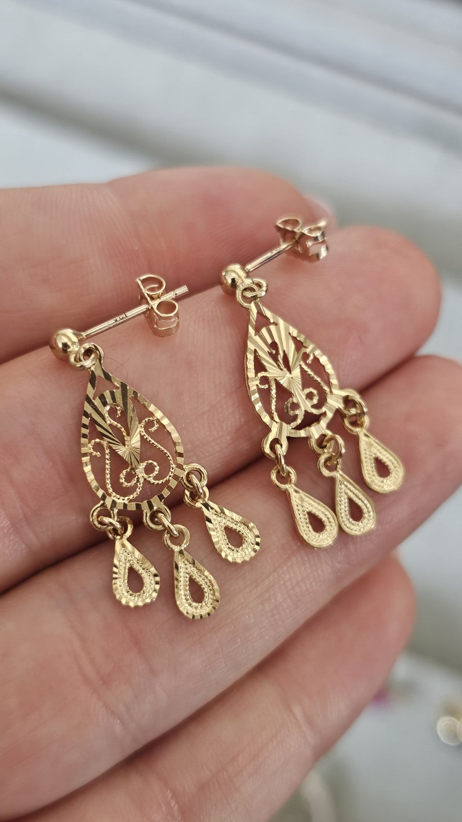 9ct Yellow Gold Filigree Chandelier Drop Earrings 31.8mm 2.62g 375