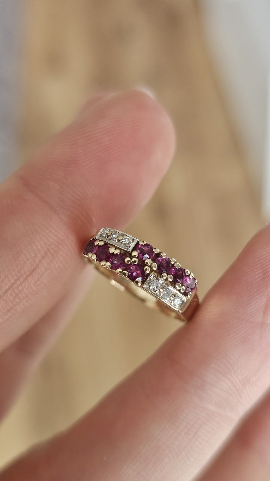 Vintage 1987 ,9ct Yellow Gold Natural Ruby & Diamond Double Row Ring Size M 1/2