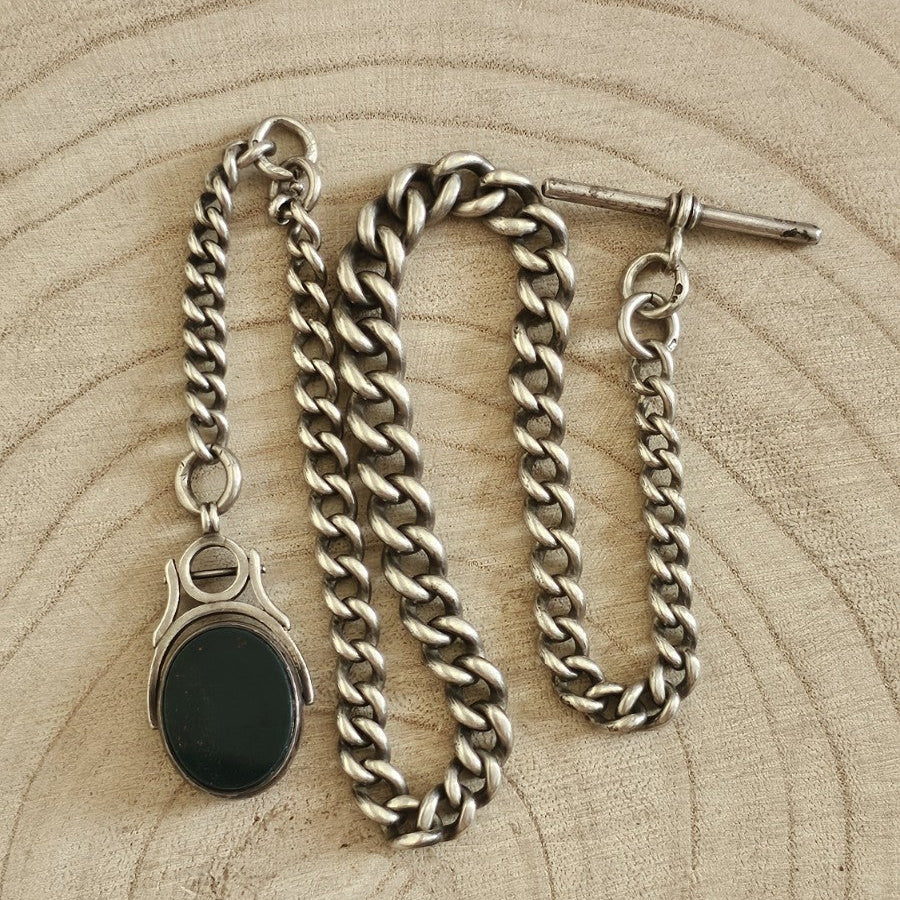 Antique 1901 Sterling Silver Graduated Albert Chain 1889 Carnelian BloodstoneFob
