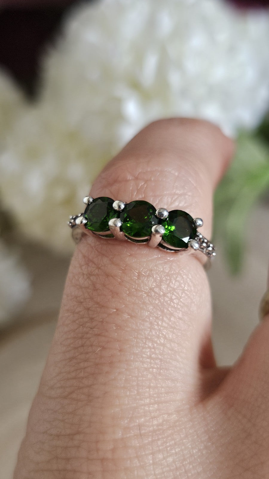 925 Sterling Silver Chrome Diopside Trilogy Ring Size L 1/2 TGGC 2.56g