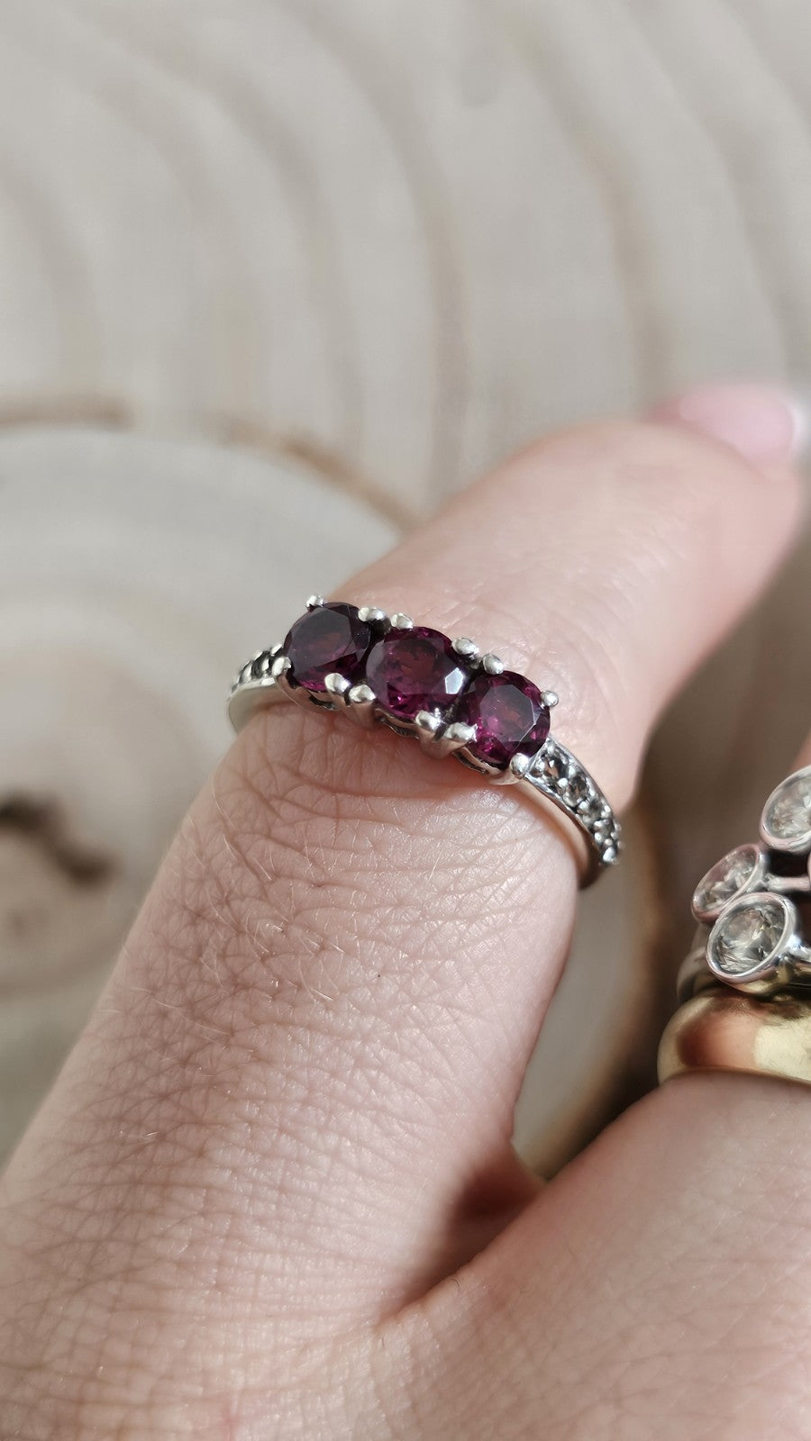 TGGC 925 Sterling Silver Rhodolite Garnet & Zircon Trilogy Ring Size L
