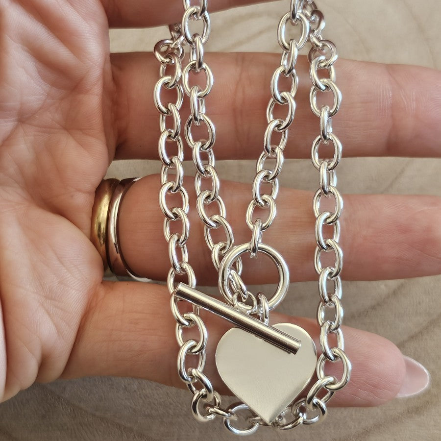 925 Sterling Silver Chunky Heart Pendant Necklace T-Bar Hallmarked 27.61g