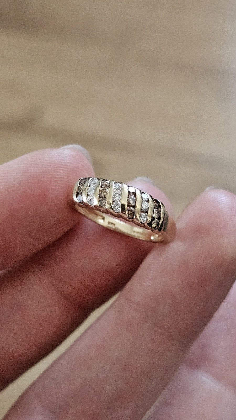 9ct Yellow Gold 0.63ct Champagne & White Diamond Three-Row Ring - Size L 1/2