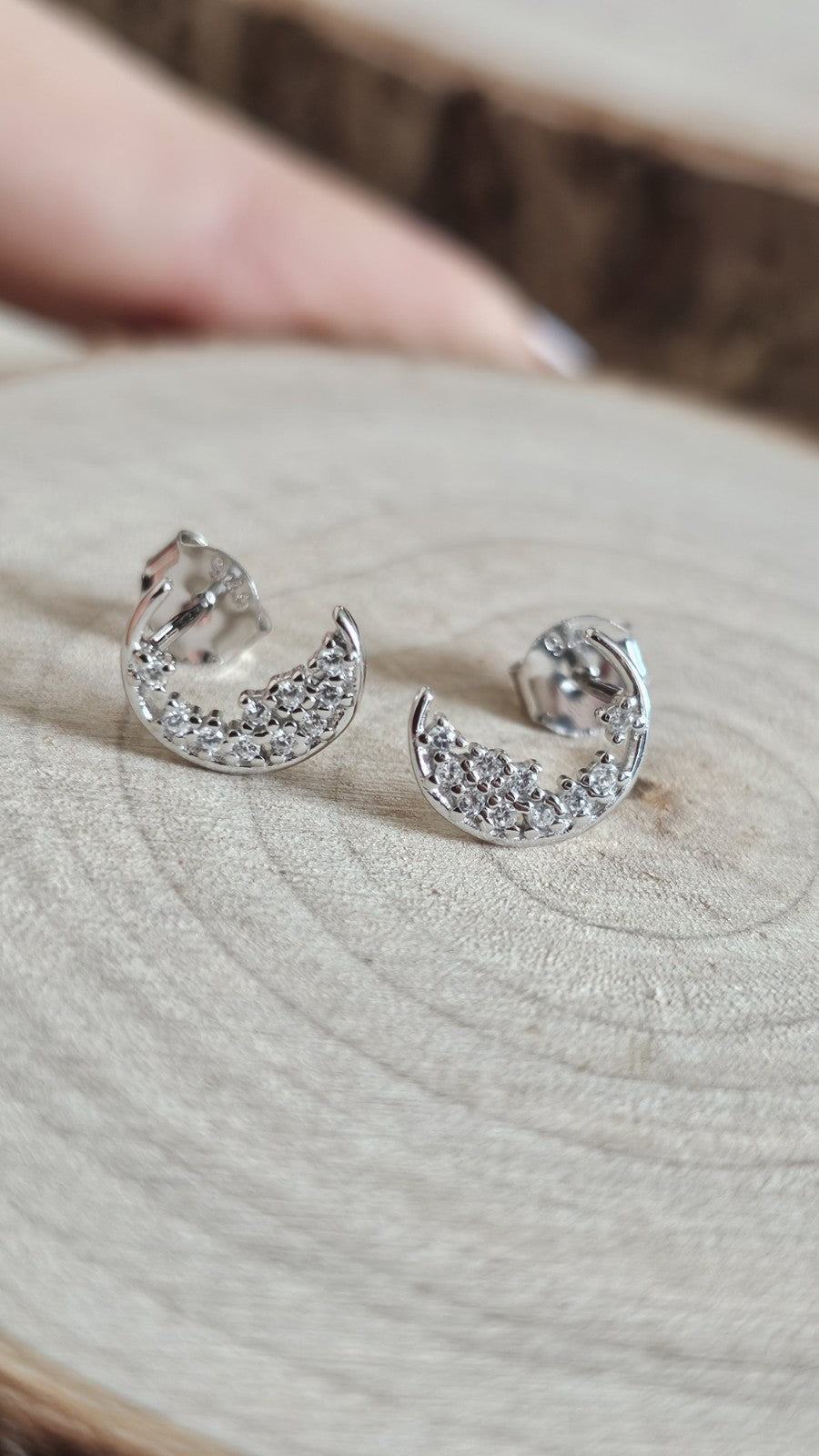 925 Sterling Silver CZ Crescent Moon Stud Earrings Rhodium Plated New