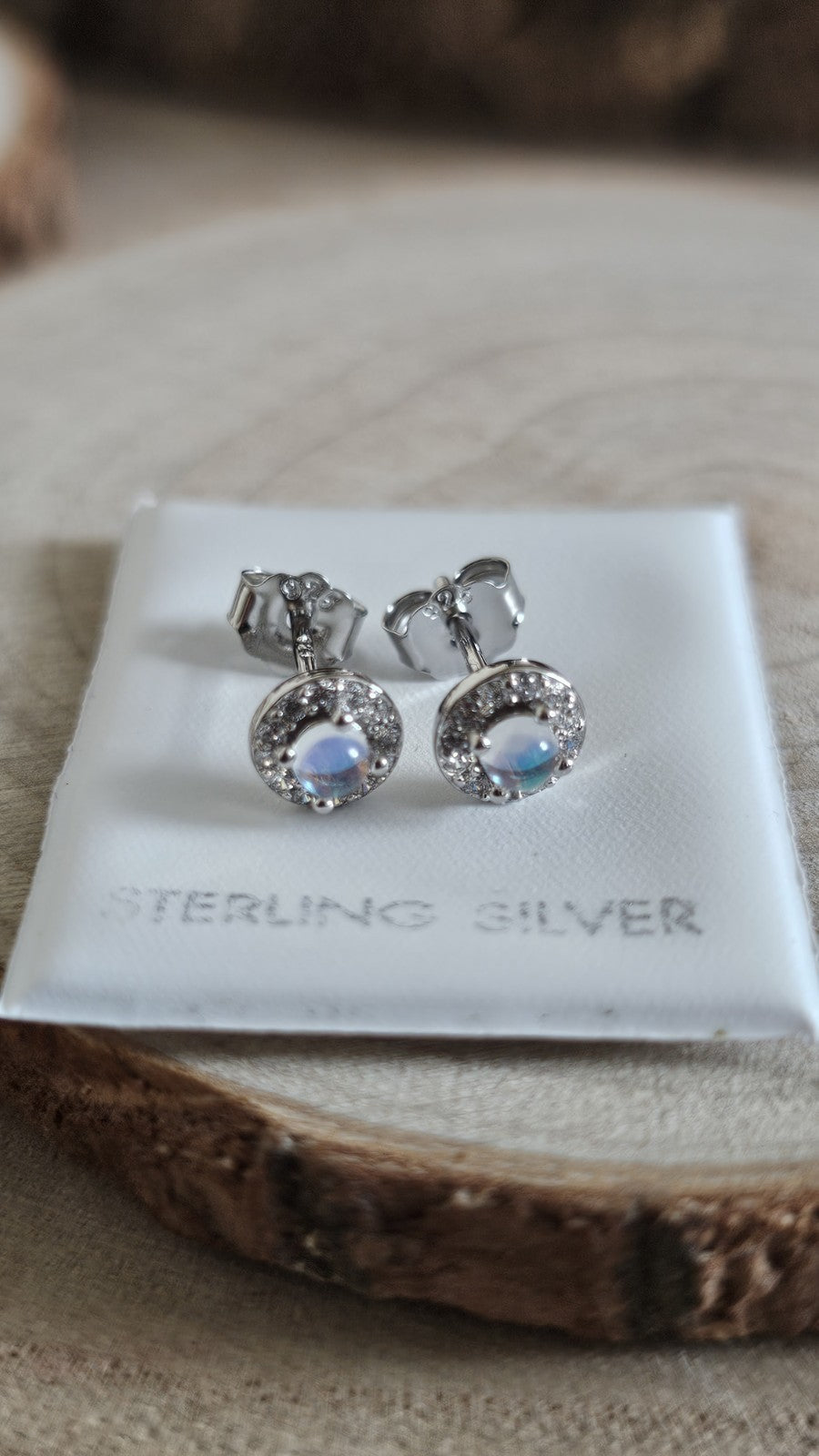 925 Sterling Silver Moonstone CZ Halo Stud Earrings 6mm Round Stamped 925 , New