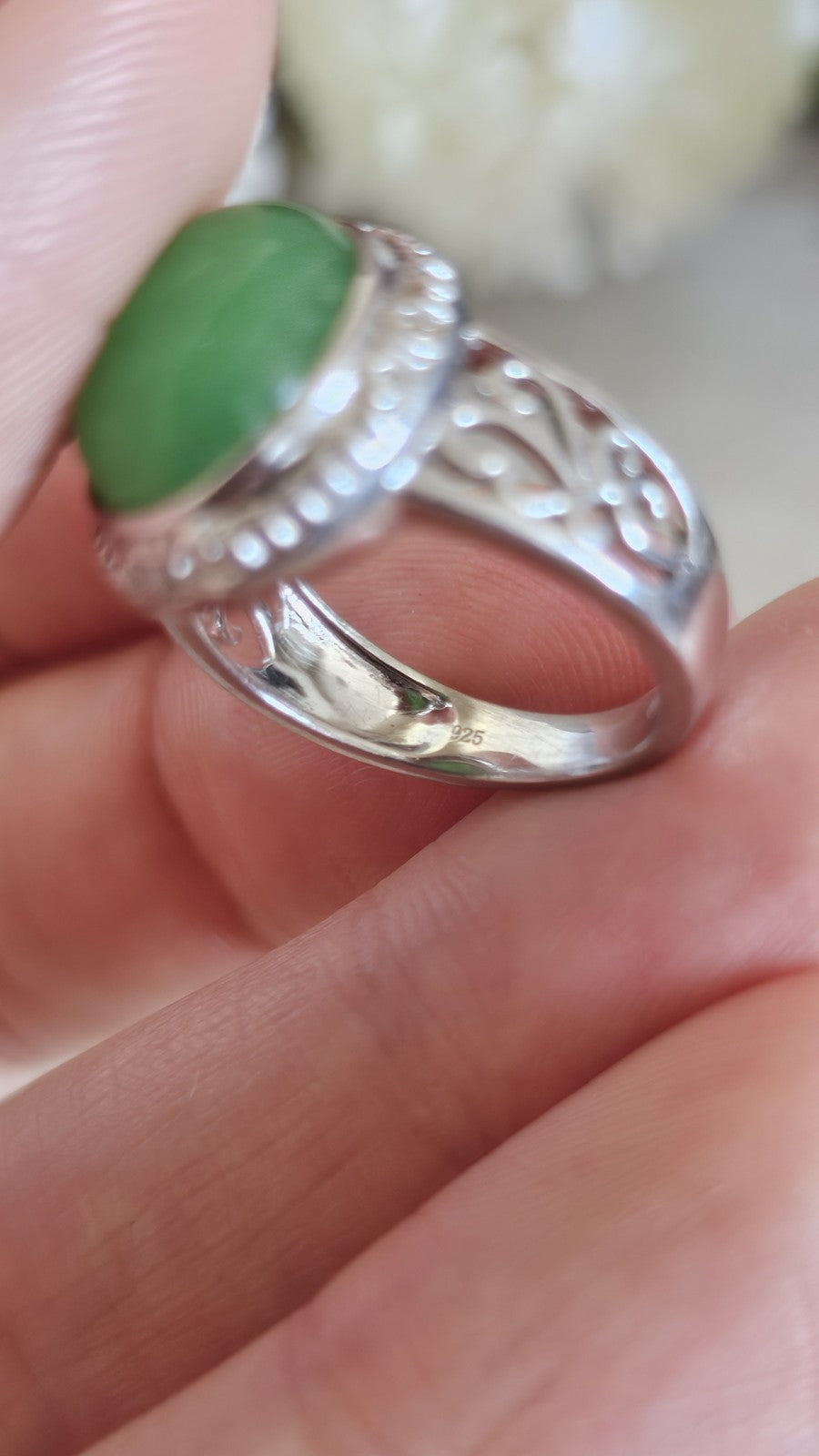 925 Sterling Silver Green Jade Oval Ring Size L 1/2 Ornate Scroll 4.92g