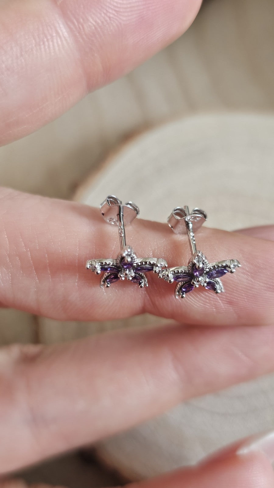 925 Sterling Silver Purple CZ Flower Stud Earrings 11mm Floral Star New