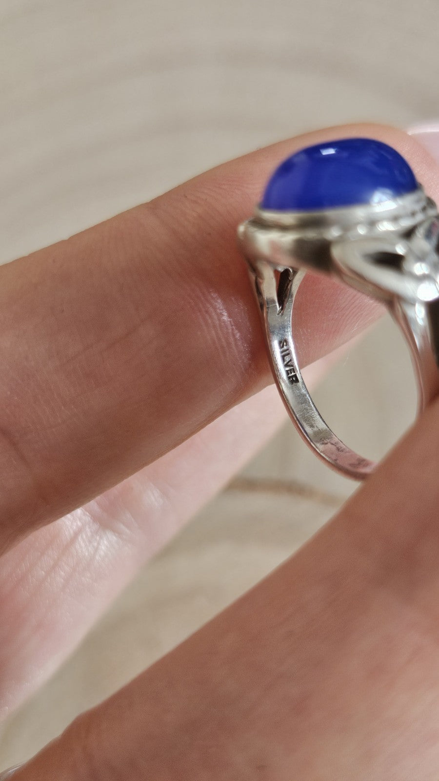 925 Sterling Silver Blue Chalcedony Cabochon Ring Size M 1/2 4.88g