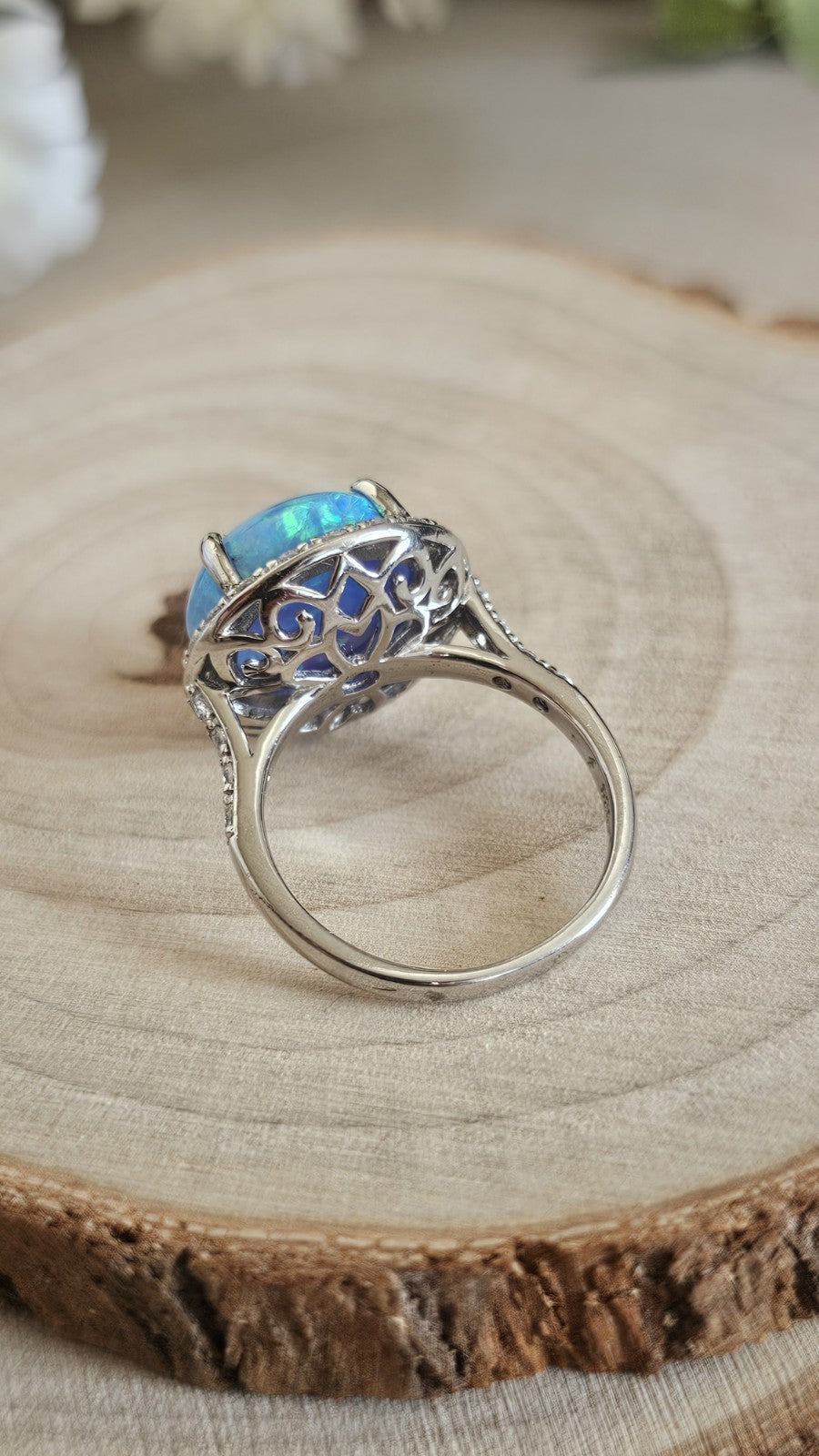 925 Sterling Silver Blue Opal & Zircon Halo Ring Size N 1/2 4.92g