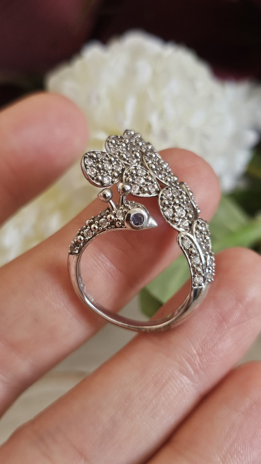 TGGC 925 Silver Natural Zircon Amethyst Peacock Ring Adjustable P 1/2