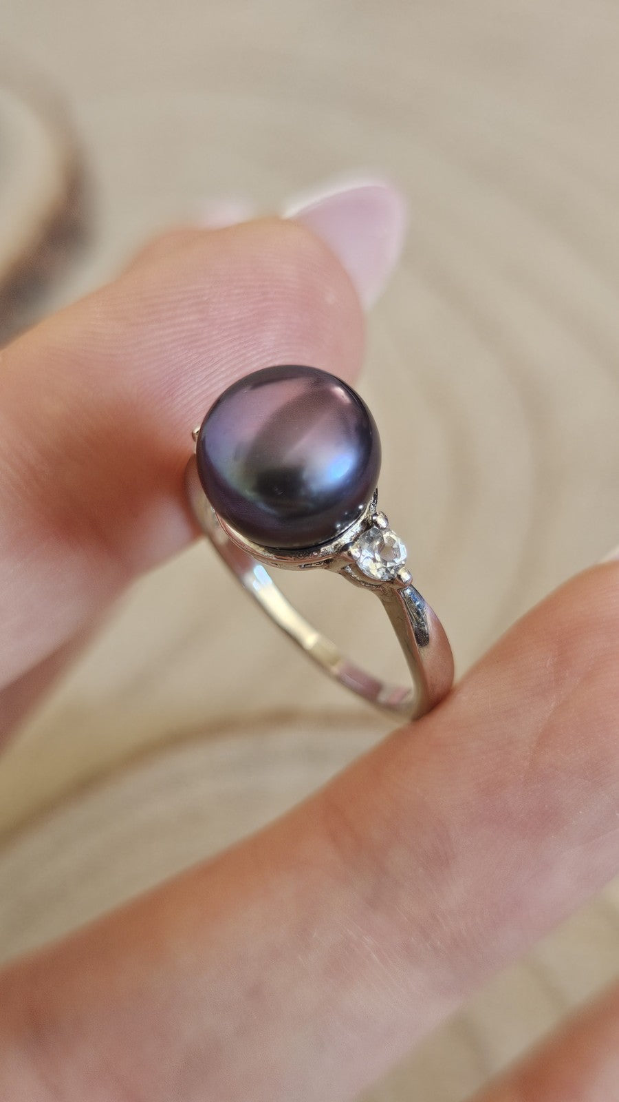 TGGC 925 Sterling Silver Peacock Pearl & Zircon Ring Size P 1/2
