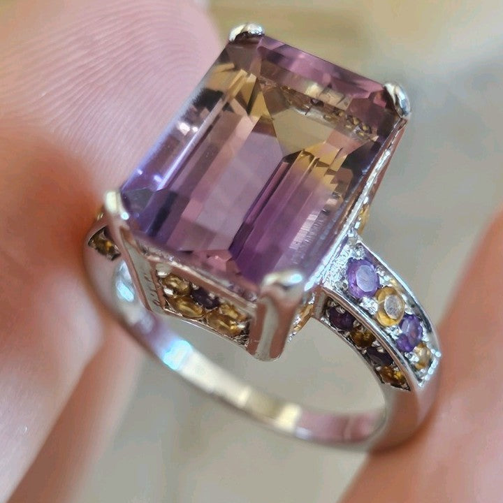 925 Sterling Silver Ametrine Amethyst Citrine Statement Ring Size N 1/2 5.85g