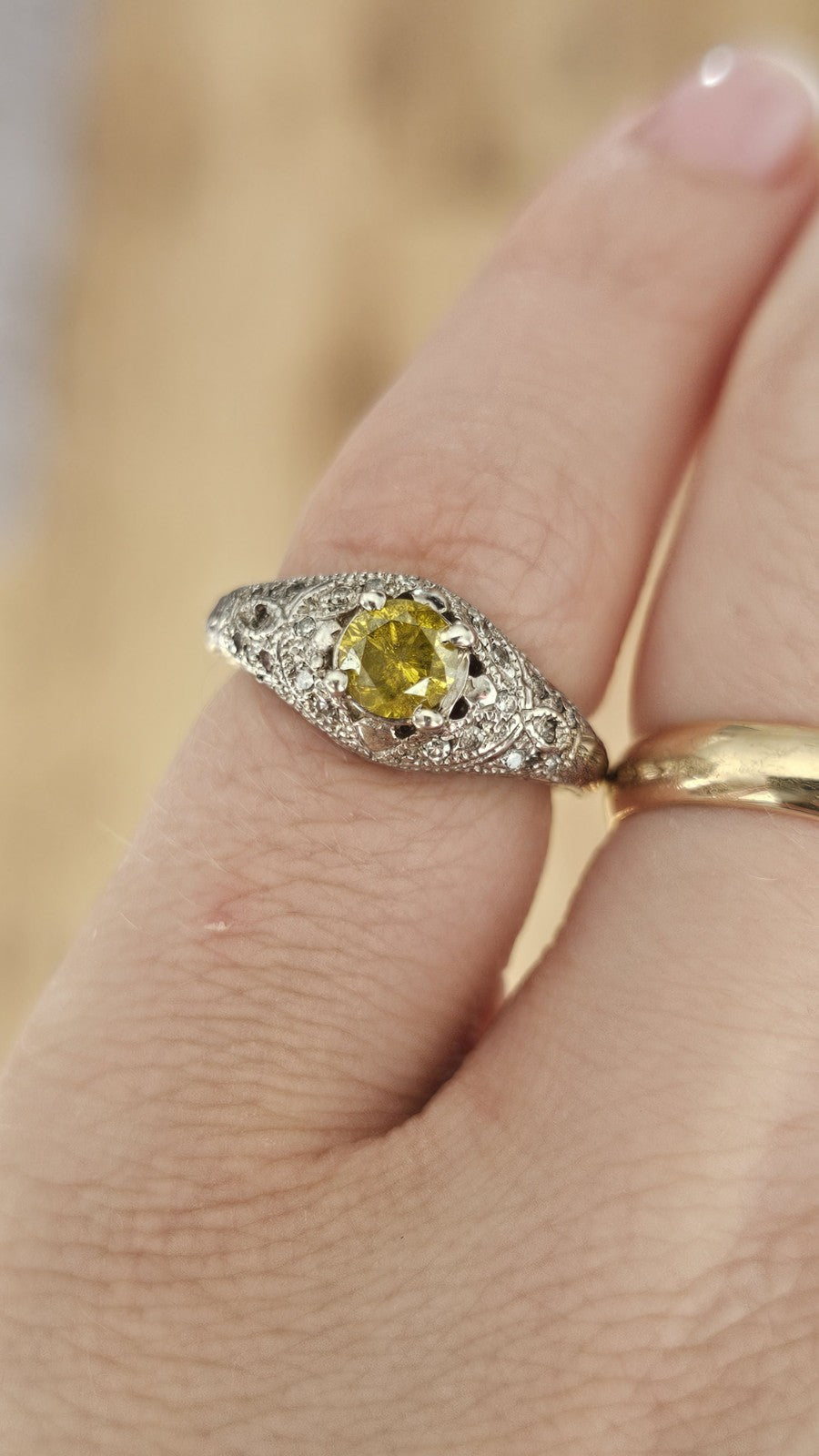 14K White Gold & 0.50 Natural Fancy Yellow  Diamond Ring, Size J 1/2