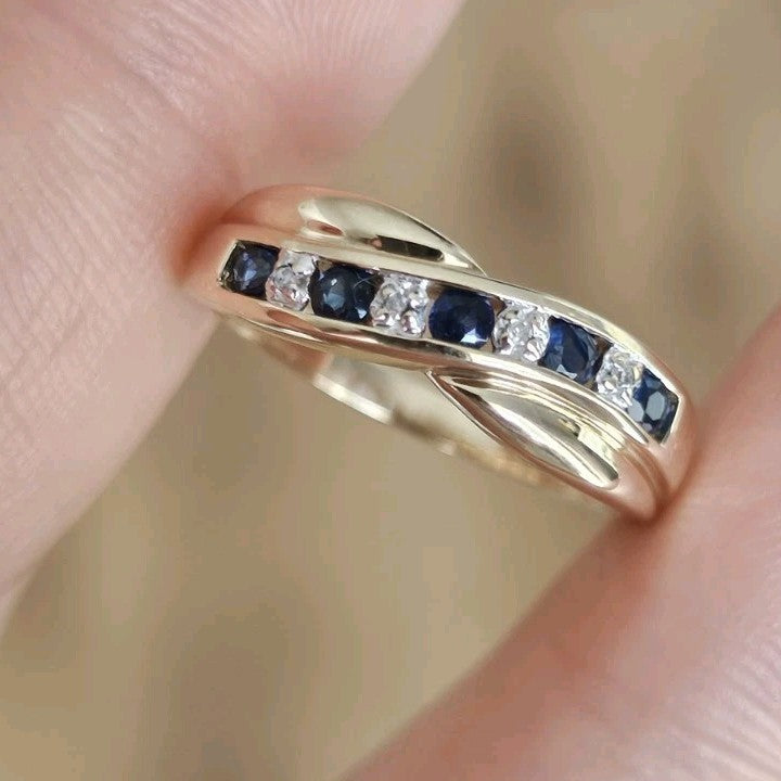 9ct Yellow Gold Natural Sapphire & Diamond Crossover Ring Size M