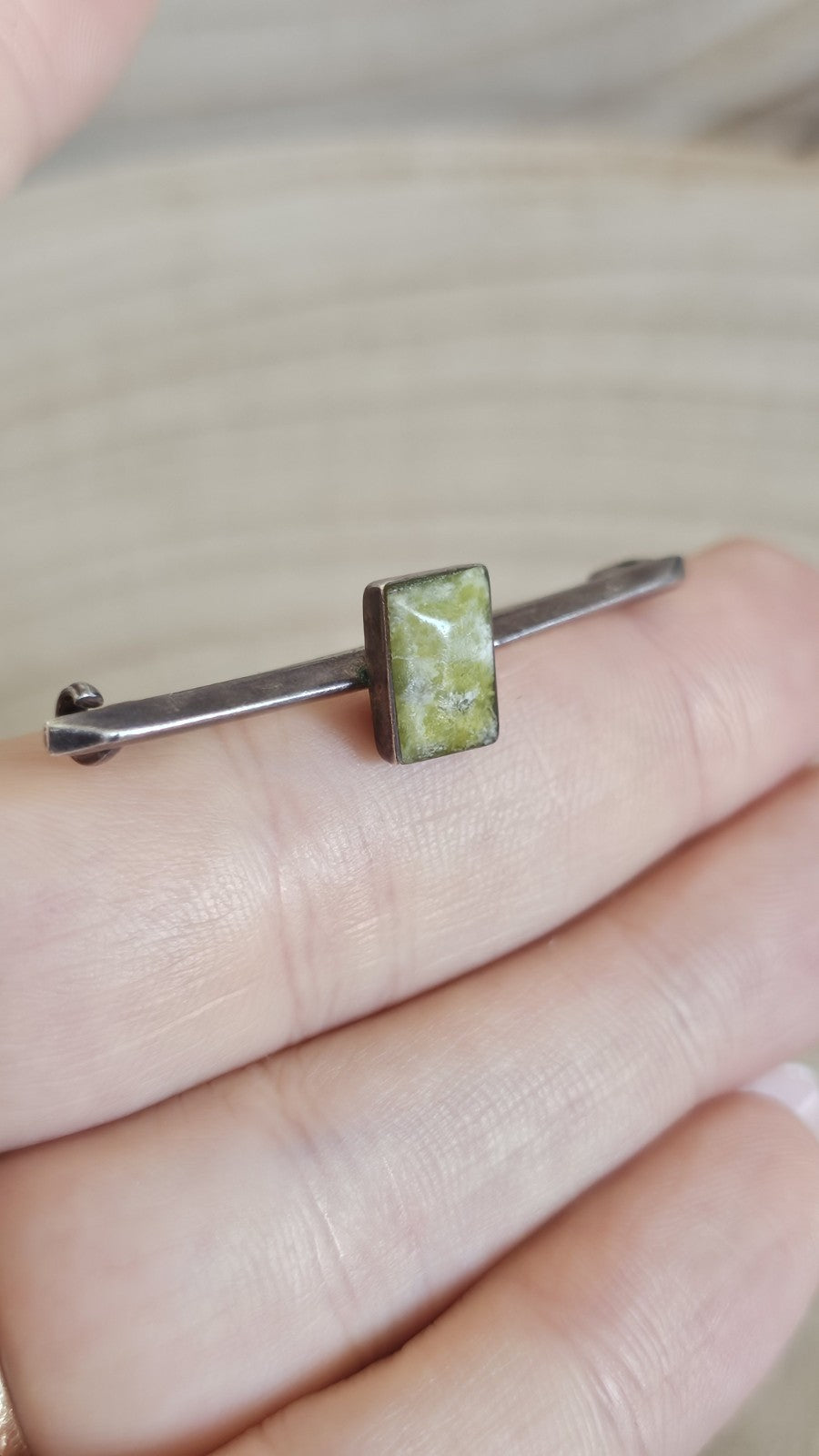Vintage Irish Silver Connemara Marble Bar Brooch Green Stone 44mm