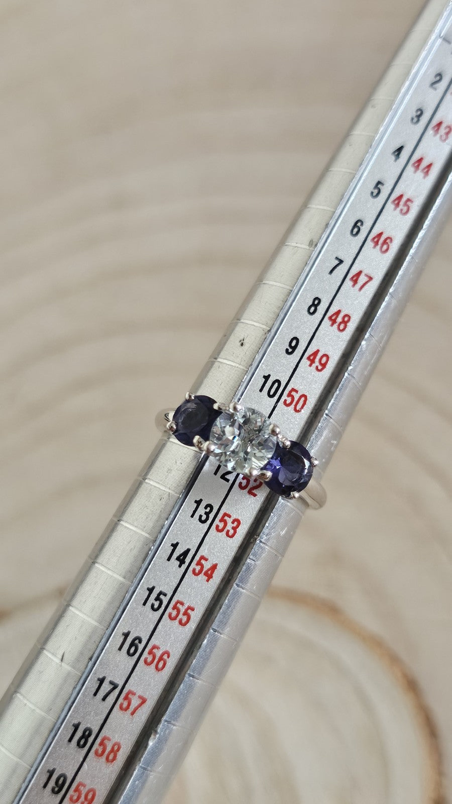 9ct White Gold Natural Aquamarine & Iolite Trilogy Ring Size L Hallmarked