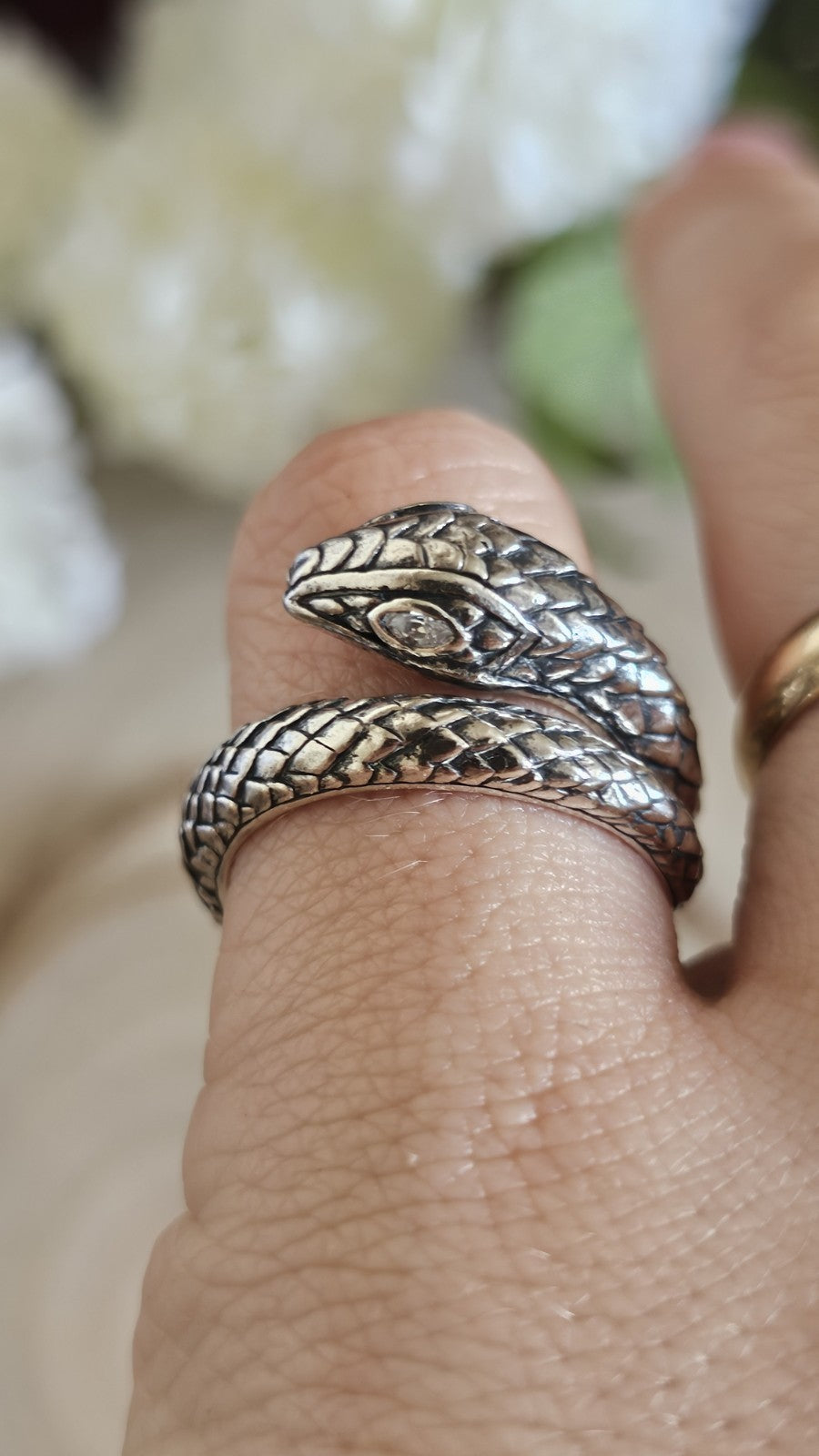 Thomas Sabo 925 Sterling Silver Snake Ring Clear Stone Eyes Size P 1/2 9.19