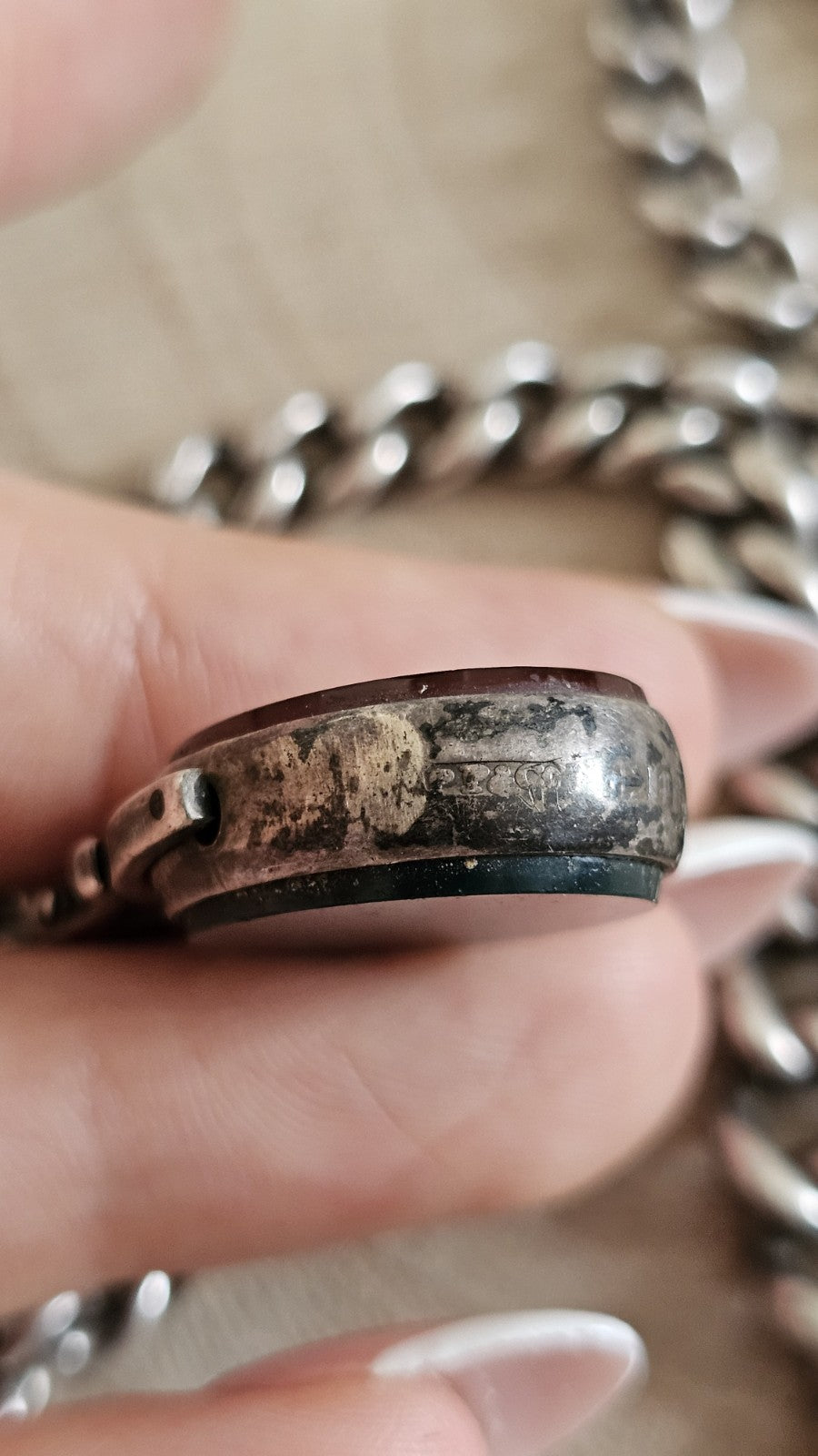Antique 1901 Sterling Silver Graduated Albert Chain 1889 Carnelian BloodstoneFob