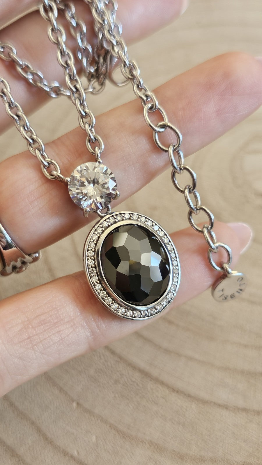 TI SENTO  Sterling Silver Black & Clear Stone Pendant Necklace 19-20.5", 29.76g 