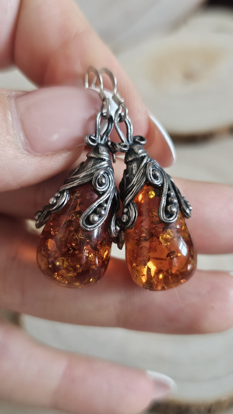 Vintage 925 Sterling Silver Amber Drop Earrings Ornate Dangle 13.57g