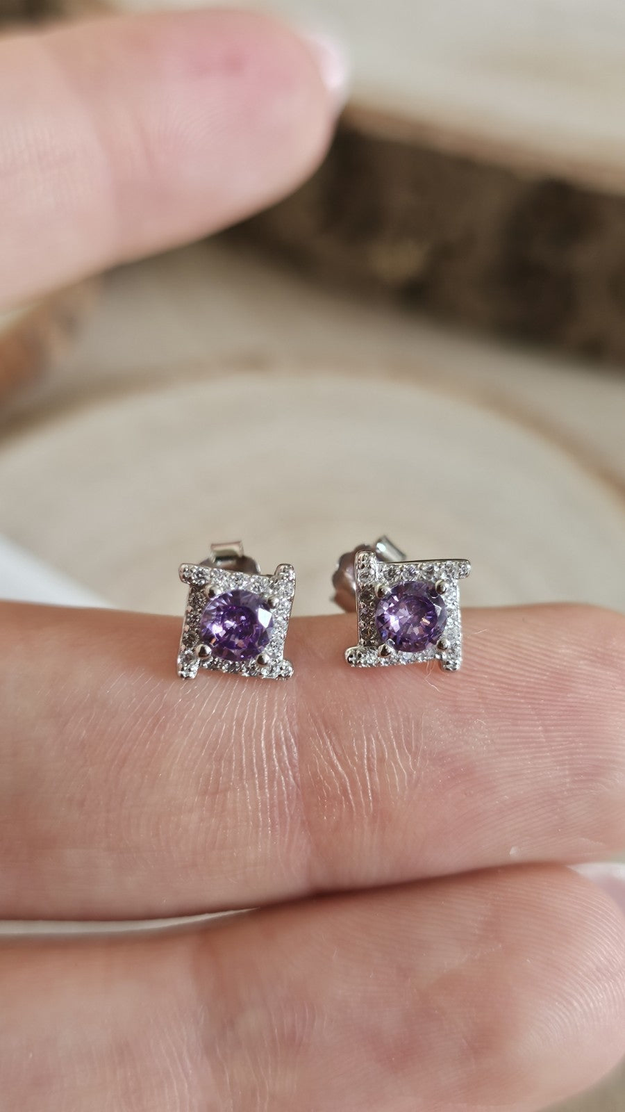 925 Sterling Silver Amethyst CZ Stud Earrings Rhodium Plated 7mm New in Box