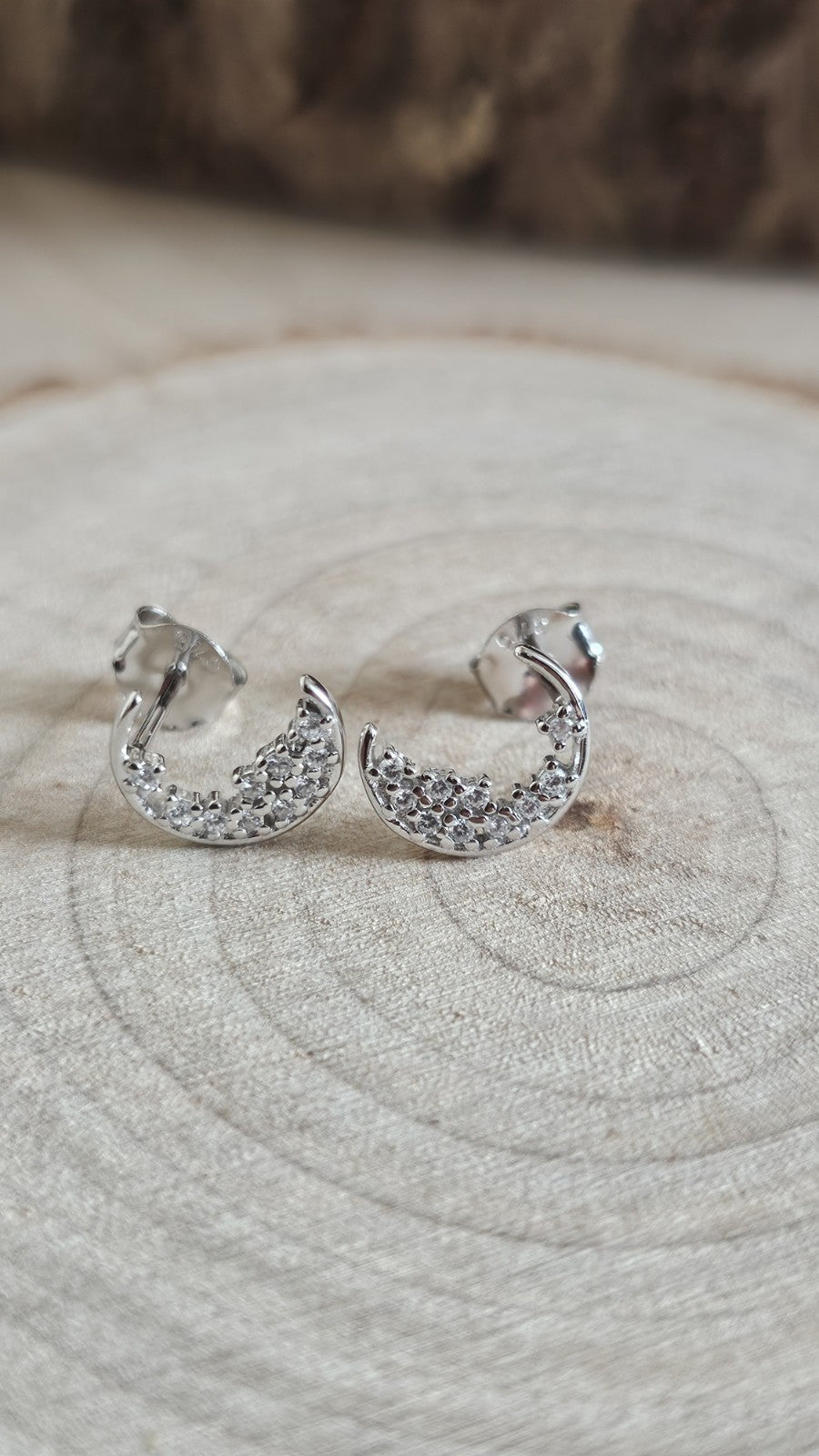 925 Sterling Silver CZ Crescent Moon Stud Earrings Rhodium Plated New