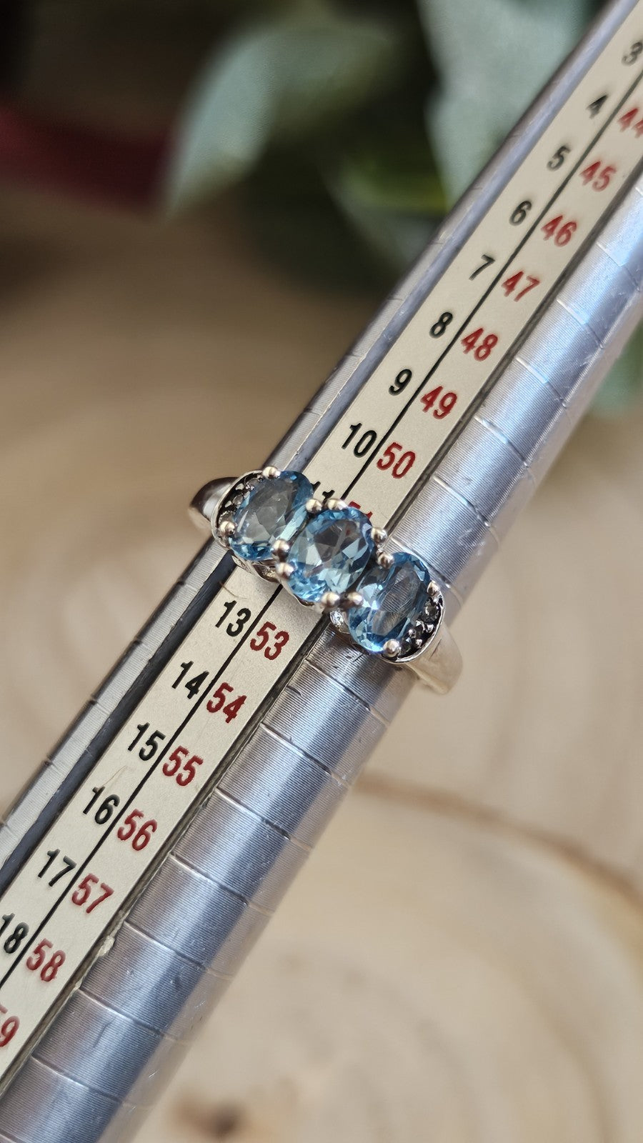 925 Sterling Silver Blue Topaz & Zircon Trilogy Ring Size L 1/2 TGGC