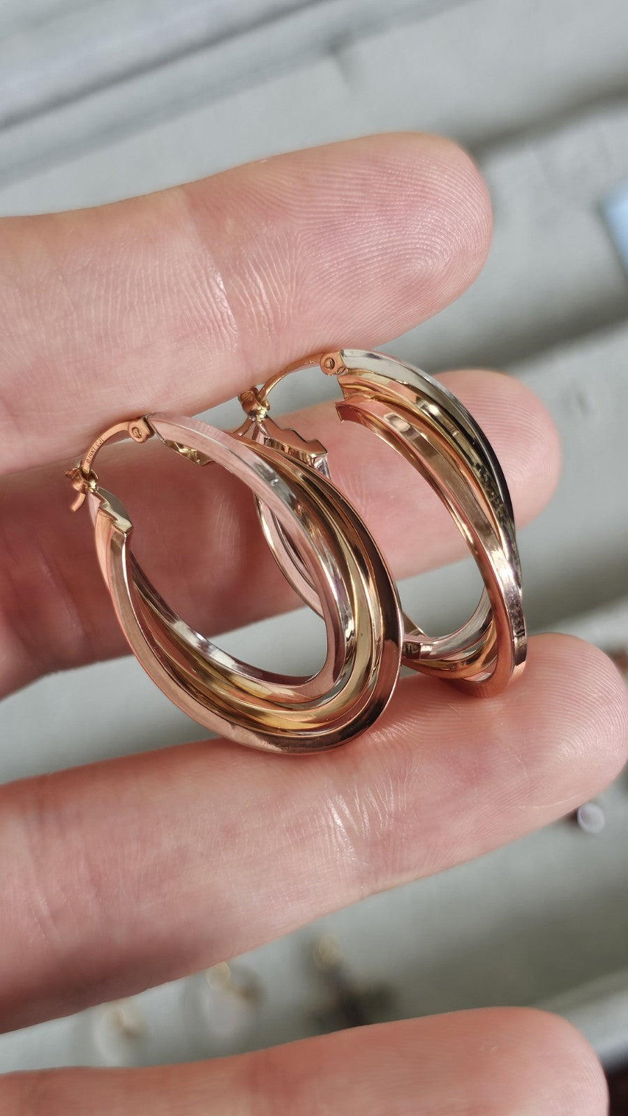 14ct Tri Colour Gold Triple Hoop Earrings 4.79g 33.5mm 14K Rose White Yellow