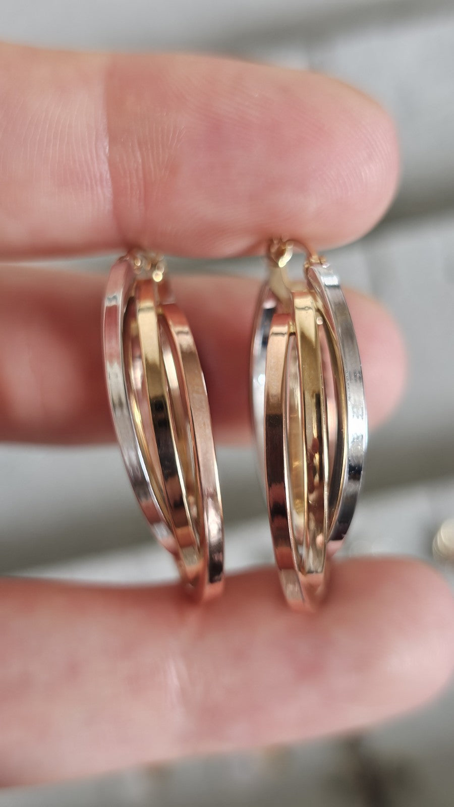 14ct Tri Colour Gold Triple Hoop Earrings 4.79g 33.5mm 14K Rose White Yellow
