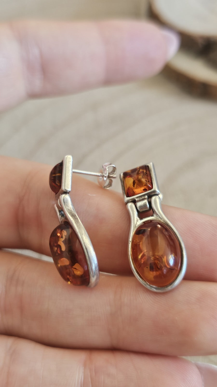 925 Sterling Silver Amber Drop Earrings Studs 6.73g 28mm