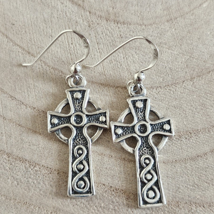 925 Sterling Silver Celtic Cross Drop Dangle Earrings – length 39.88 mm