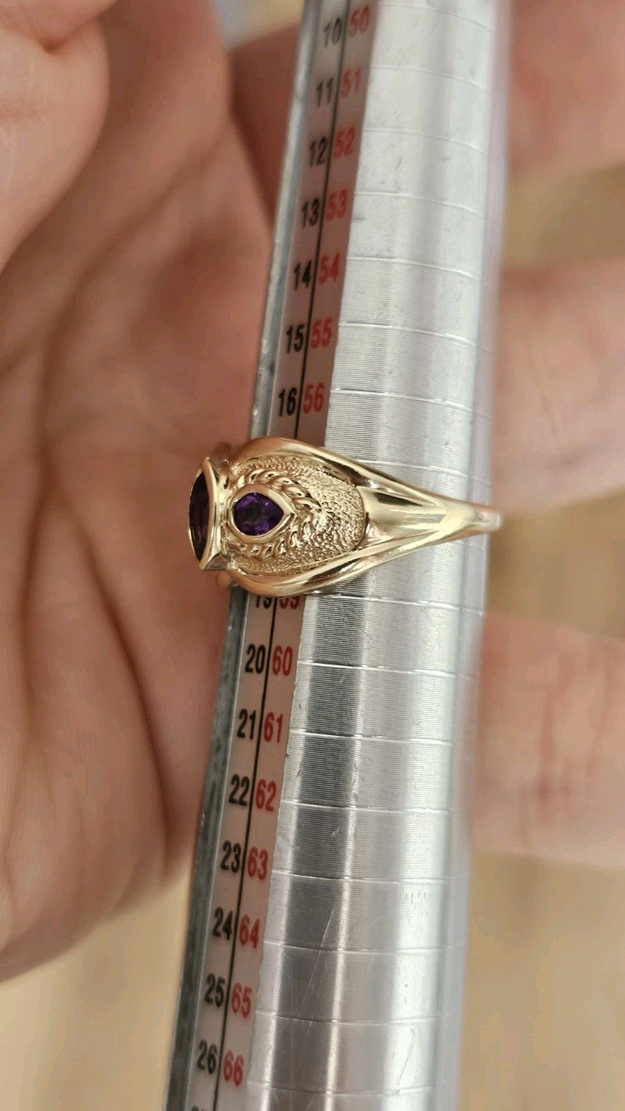 9ct Yellow Gold Amethyst Three Stone Statement Ring Size Q Hallmarked 3.60g