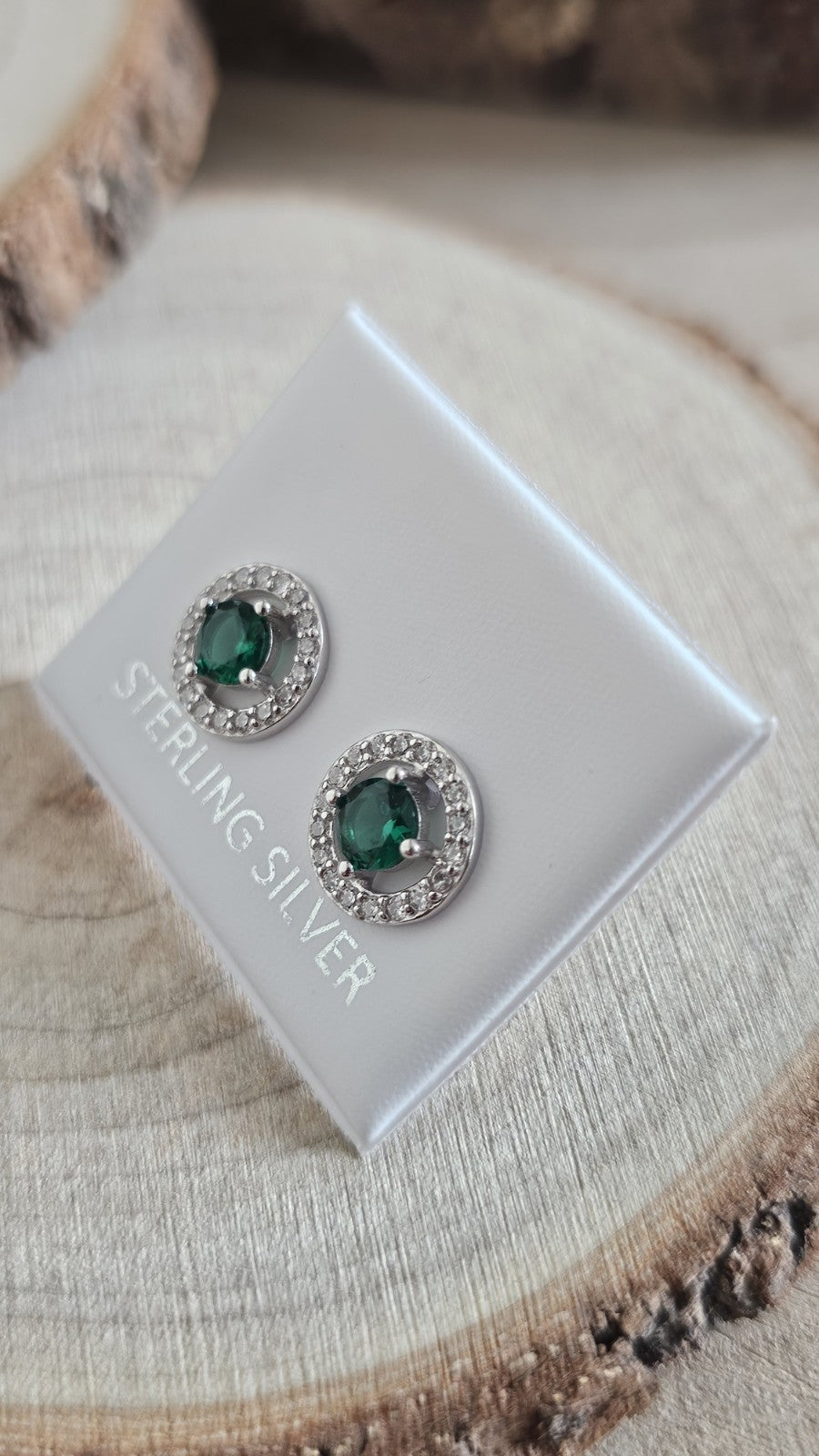 925 Sterling Silver Emerald Green CZ Halo Stud Earrings – Rhodium Plated , New