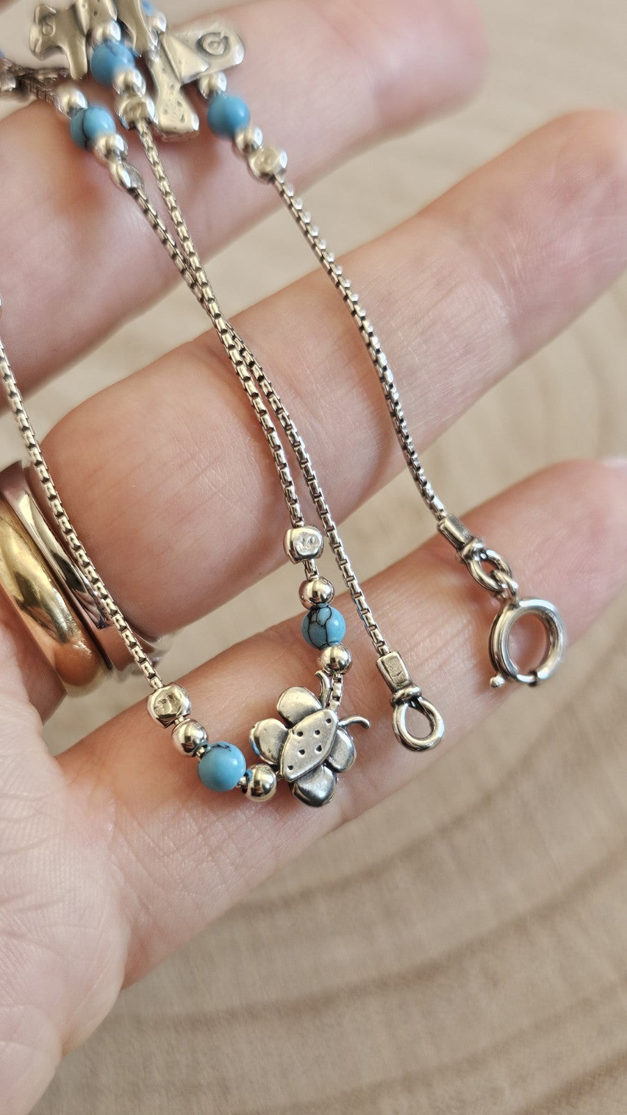 925 Sterling Silver Turquoise Stone Animal Charm Necklace Cat Snail 17" 10.35g
