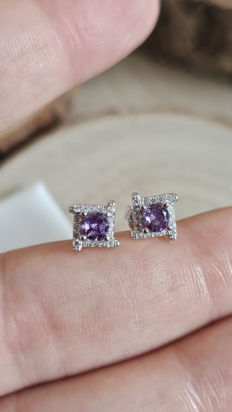925 Sterling Silver Amethyst CZ Stud Earrings Rhodium Plated 7mm New in Box
