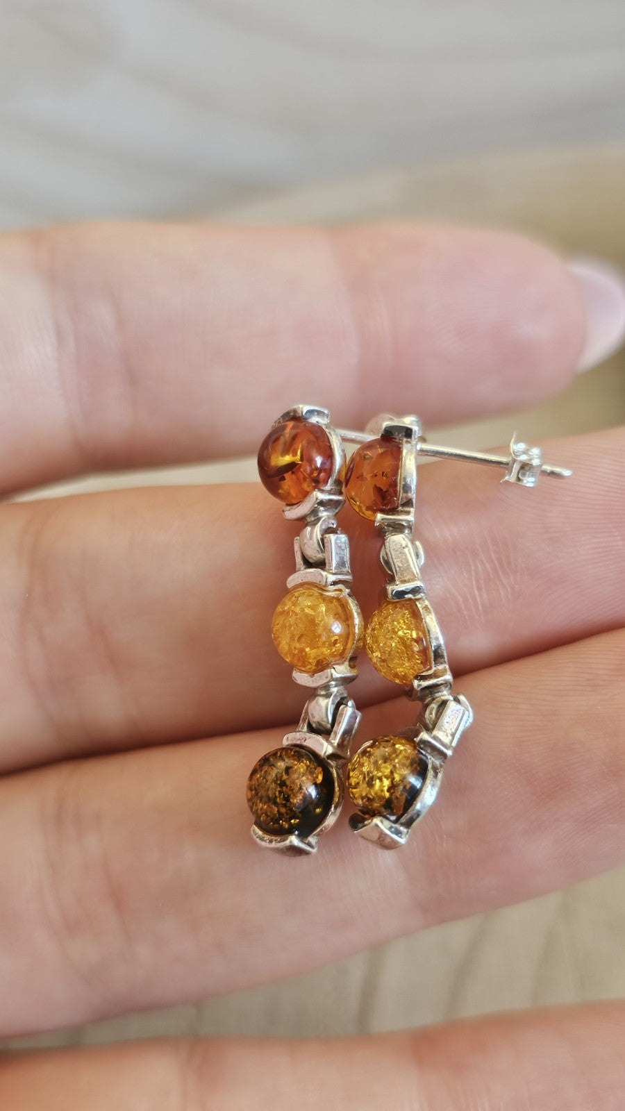 925 Sterling Silver Multi Amber Drop Earrings 3 Stone Articulated 4.36g