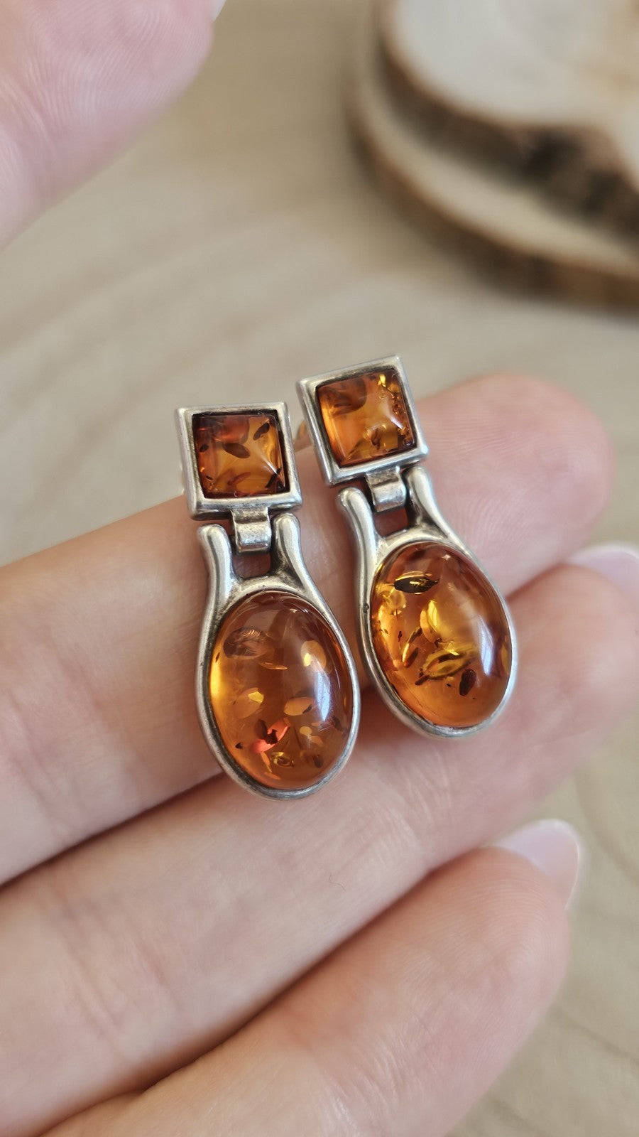 925 Sterling Silver Amber Drop Earrings Studs 6.73g 28mm